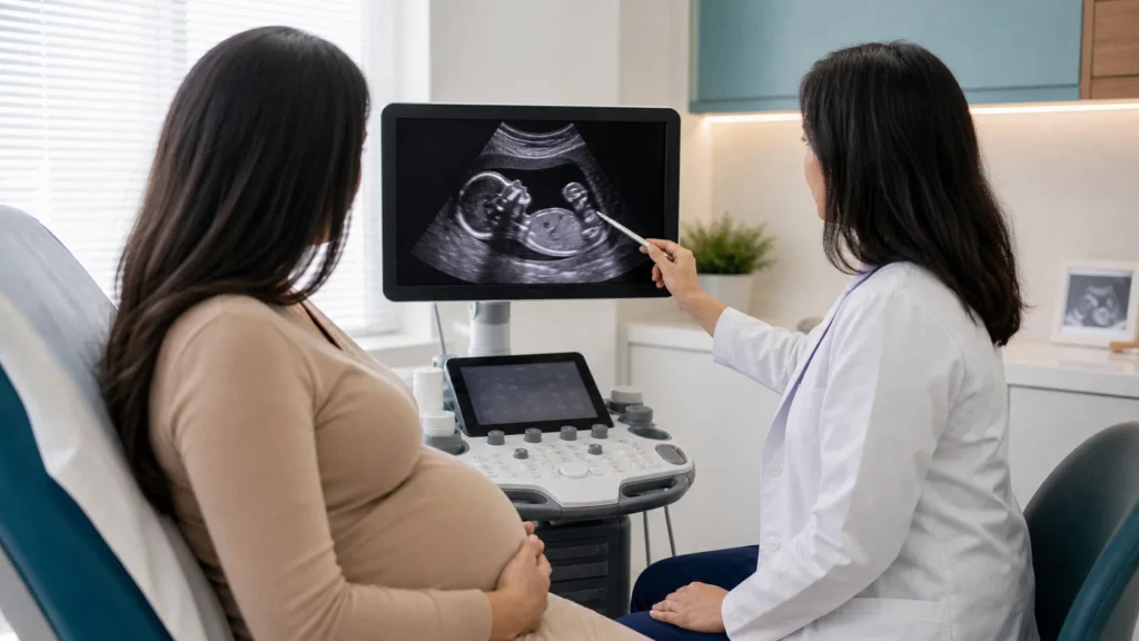 Consulta de medicina fetal avaliando gastrosquise no ultrassom sem identificacao de paciente