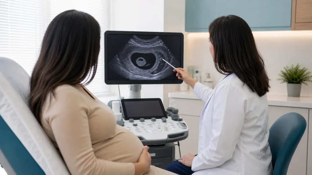 Consulta de ultrassom avaliando hematoma subcorionico na gravidez sem identificacao de paciente