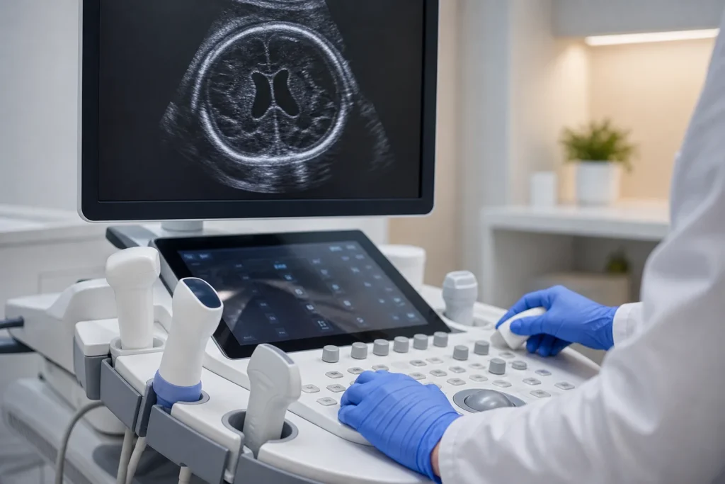 Ultrassom fetal avaliando cranio e ventriculos cerebrais sem identificacao de paciente