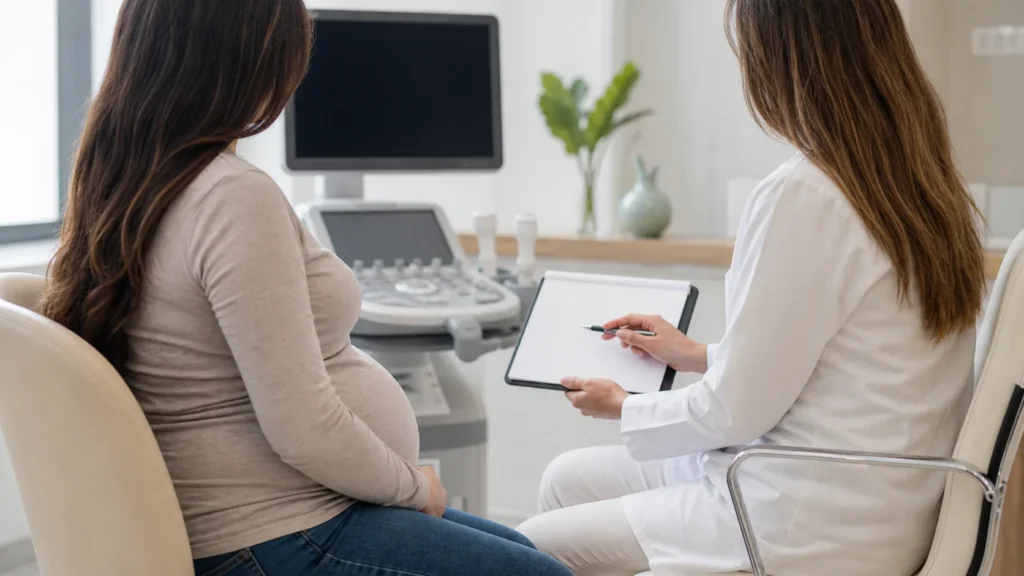 Gestante em consulta de medicina fetal com ultrassom ao fundo sem identificacao