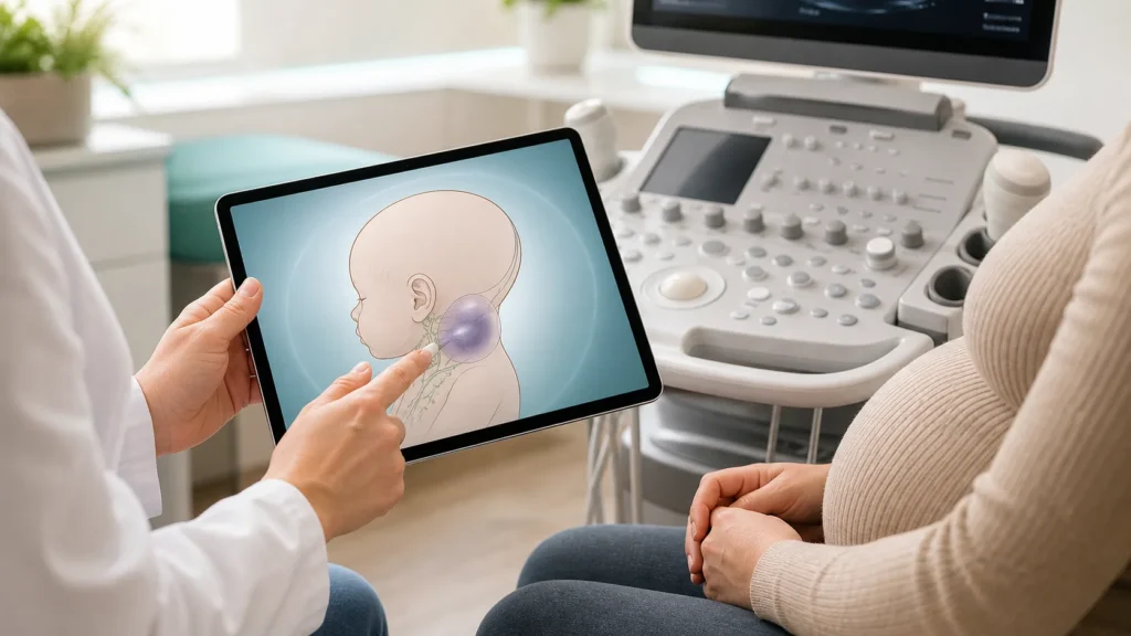 Consulta de medicina fetal com diagrama educativo de higroma cistico sem dados identificaveis