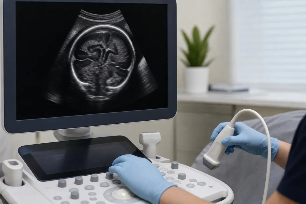 Ultrassom fetal avaliando cérebro e linha média do bebê sem identificação de paciente