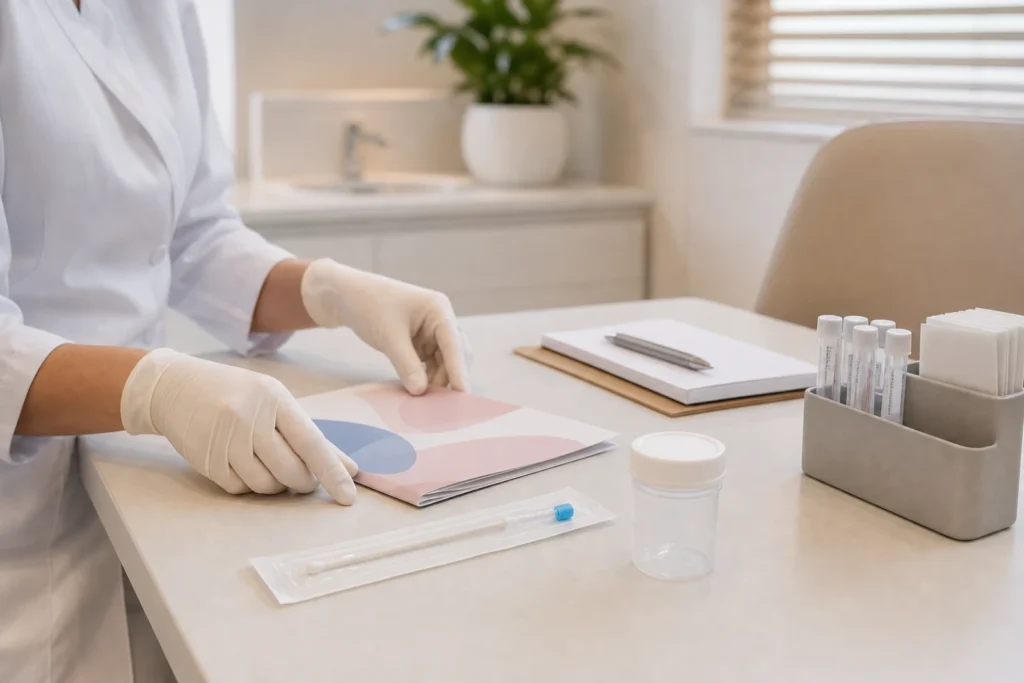 Materiais de triagem ginecológica e orientação sobre HPV em ambiente clínico, sem identificação de paciente
