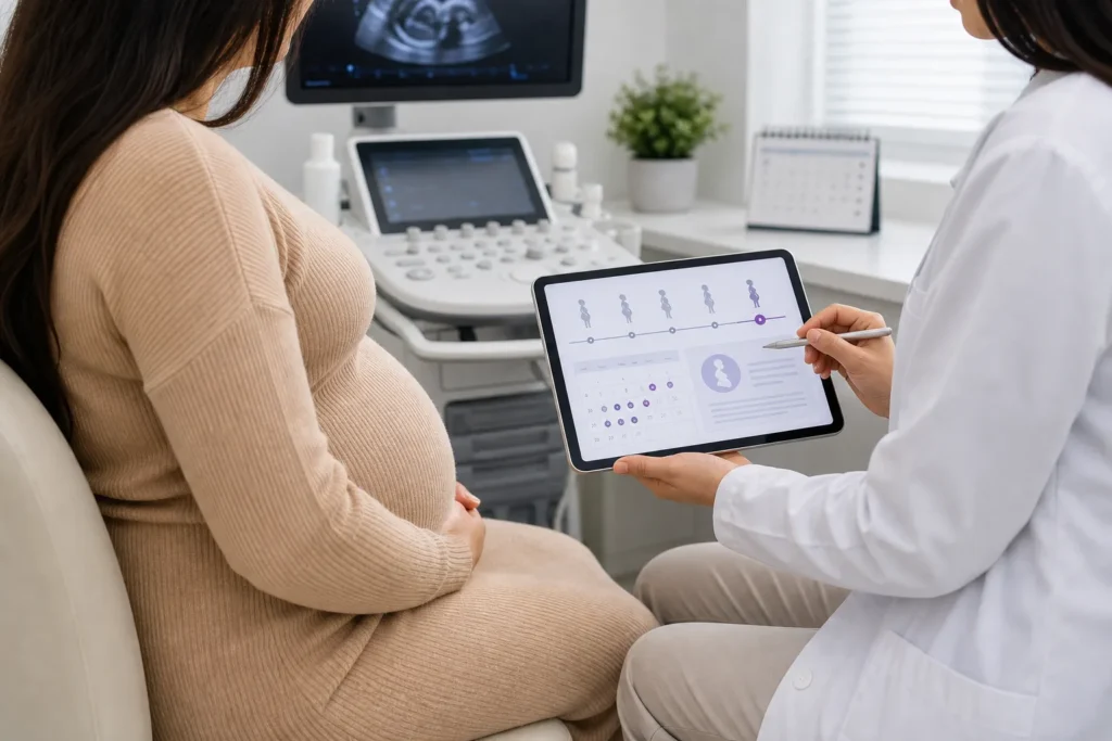 Idade gestacional pela DUM: consulta de pré-natal com calendário gestacional, sem identificação de paciente