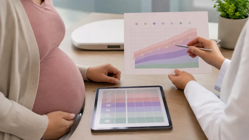 IMC gestacional em consulta de pre-natal, com grafico de acompanhamento de peso sem identificar a paciente