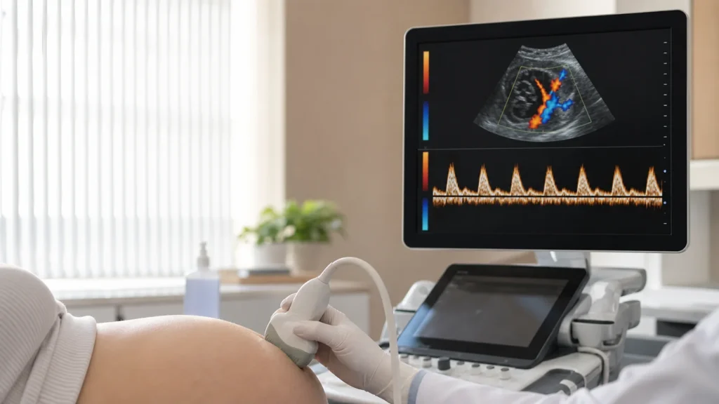 Ultrassom obstétrico com Doppler para avaliação do índice cérebro-placentário fetal sem identificação de paciente