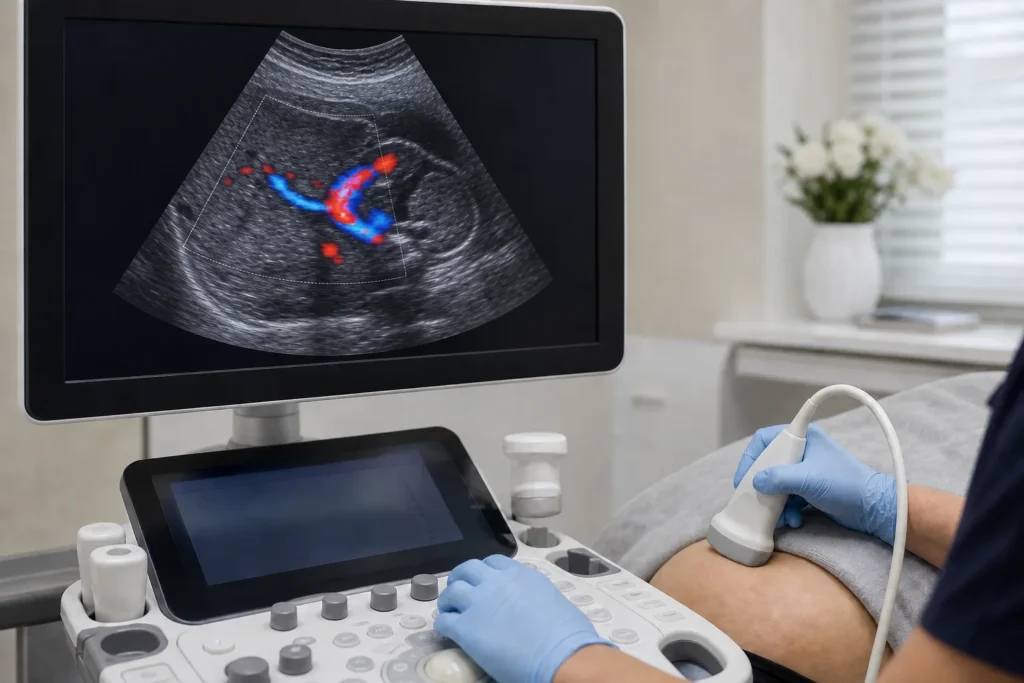 Ultrassom com Doppler avaliando placenta e circulação fetal sem identificação de paciente