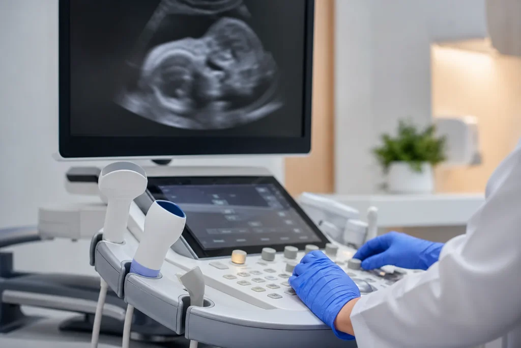 Consulta de ultrassom fetal avaliando perfil da face do bebe sem identificacao de paciente