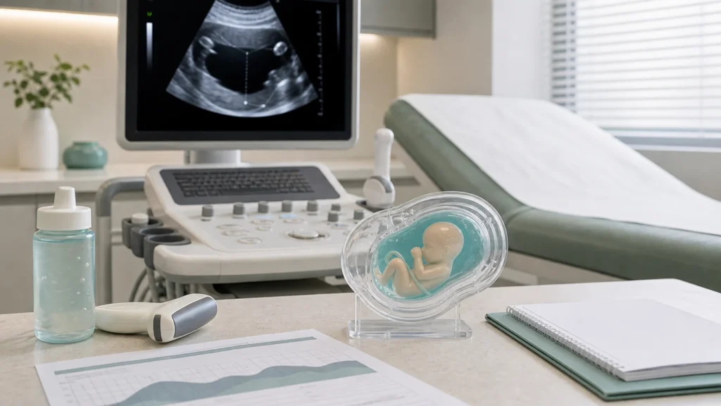 Líquido amniótico: o que pode ser avaliado no ultrassom: imagem educativa realista sem identificação de paciente