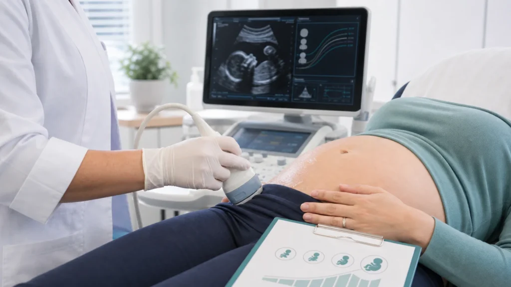 Ultrassom de avaliação de crescimento em artigo sobre macrossomia fetal sem identificação de paciente
