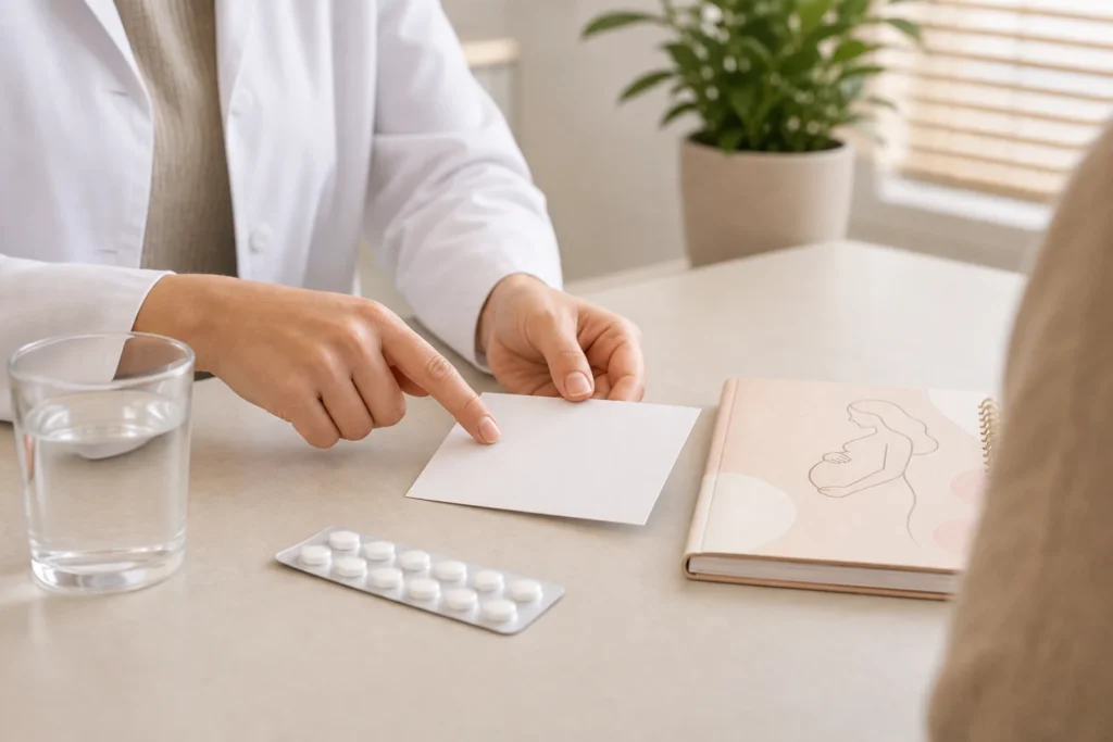 Orientação clínica sobre medicamentos na gravidez, sem marca ou dose visível