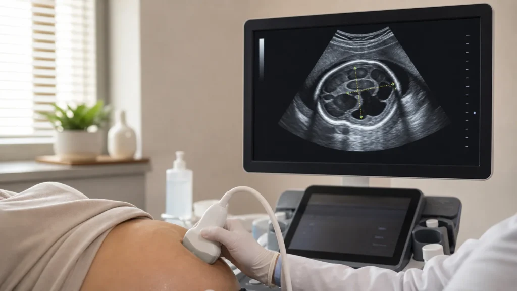 Ultrassom obstétrico com avaliação craniana fetal sem identificação de paciente