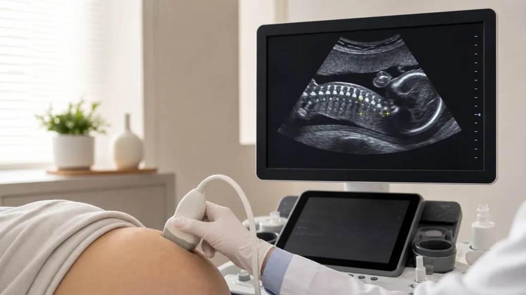 Ultrassom obstétrico com avaliação da coluna fetal sem identificação de paciente