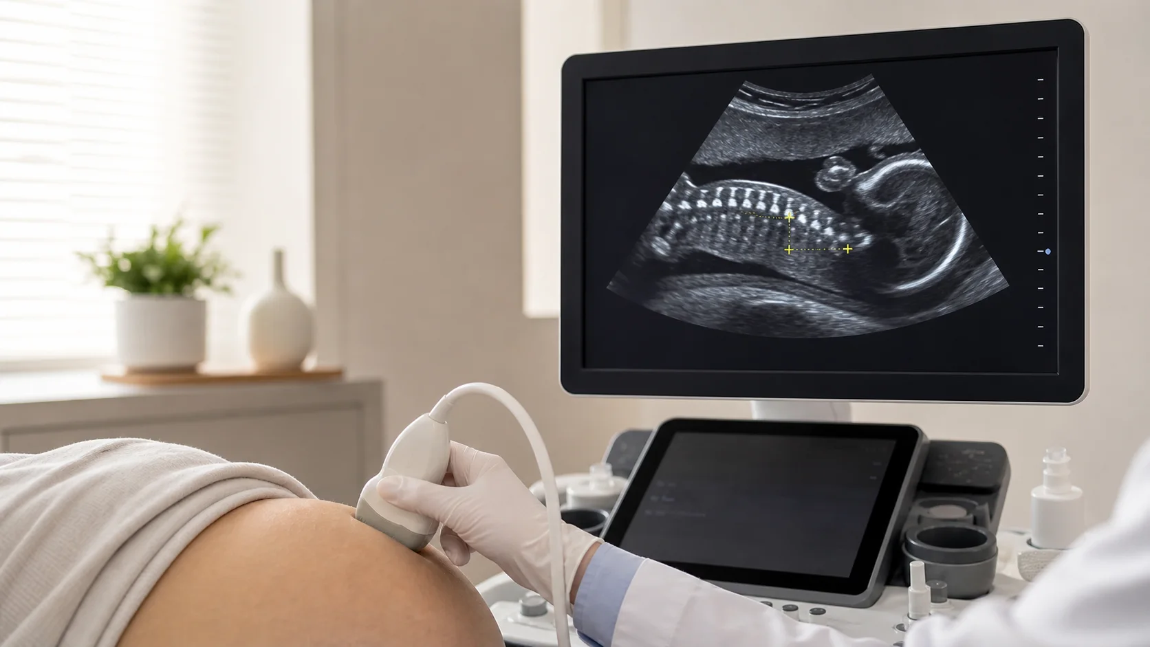 Ultrassom obstétrico com avaliação da coluna fetal sem identificação de paciente