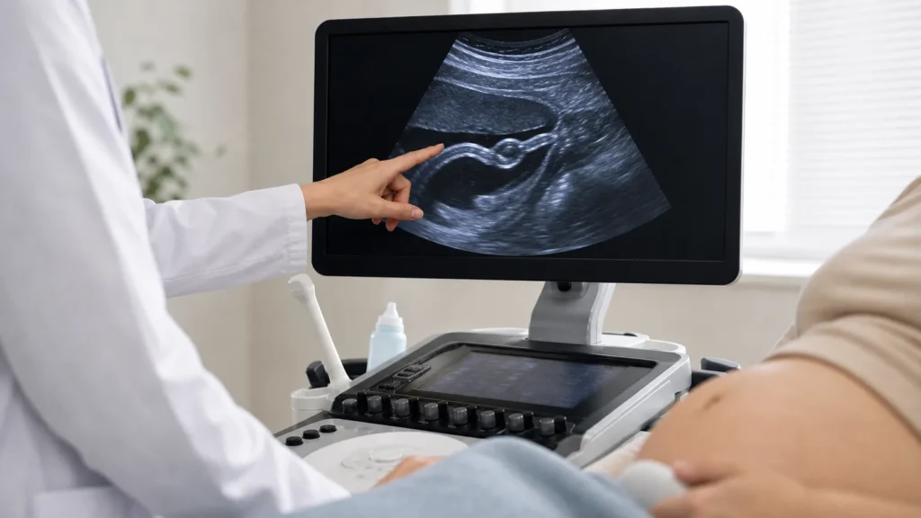 Consulta de medicina fetal avaliando no no cordao umbilical no ultrassom sem identificacao de paciente