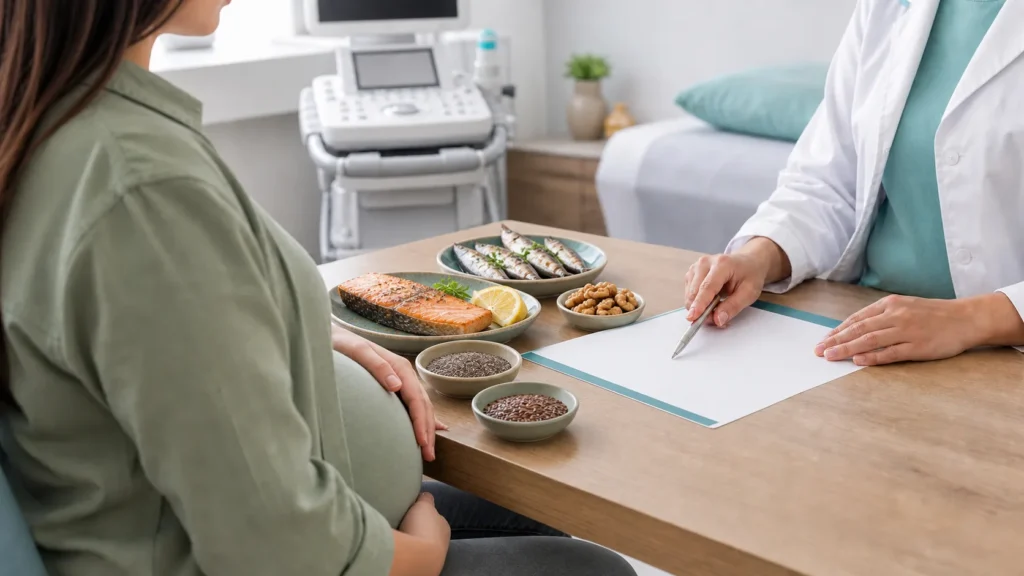 Consulta de pré-natal sobre ômega 3 na gravidez e alimentação sem identificação da paciente