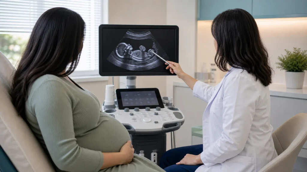 Consulta de medicina fetal avaliando onfalocele no ultrassom sem identificacao de paciente