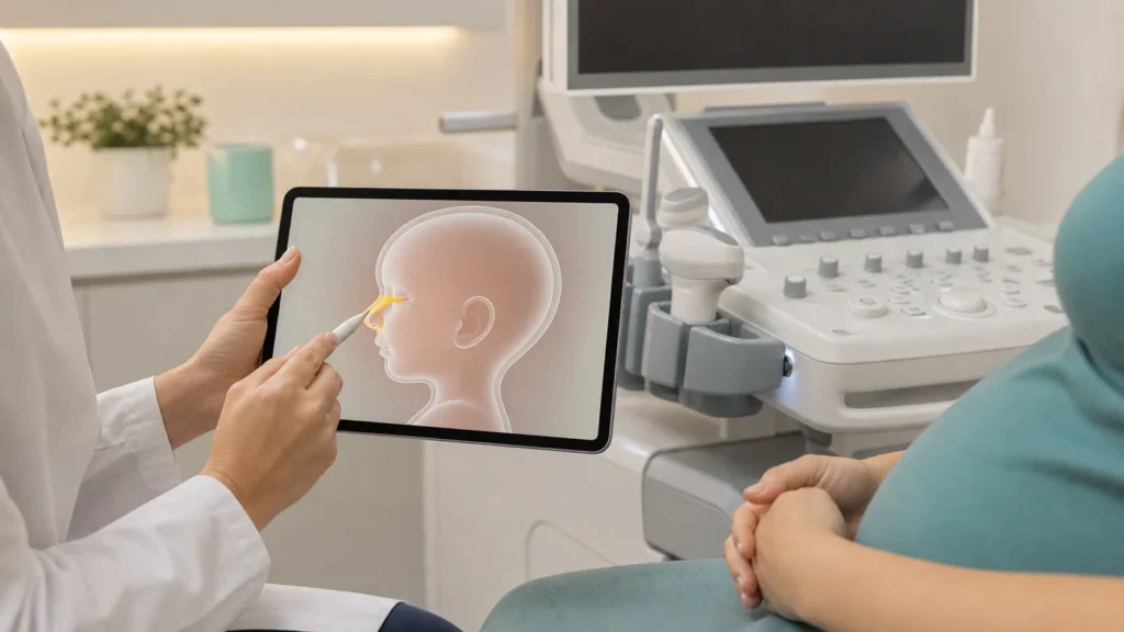 Consulta de medicina fetal com diagrama educativo de osso nasal ausente sem dados identificaveis