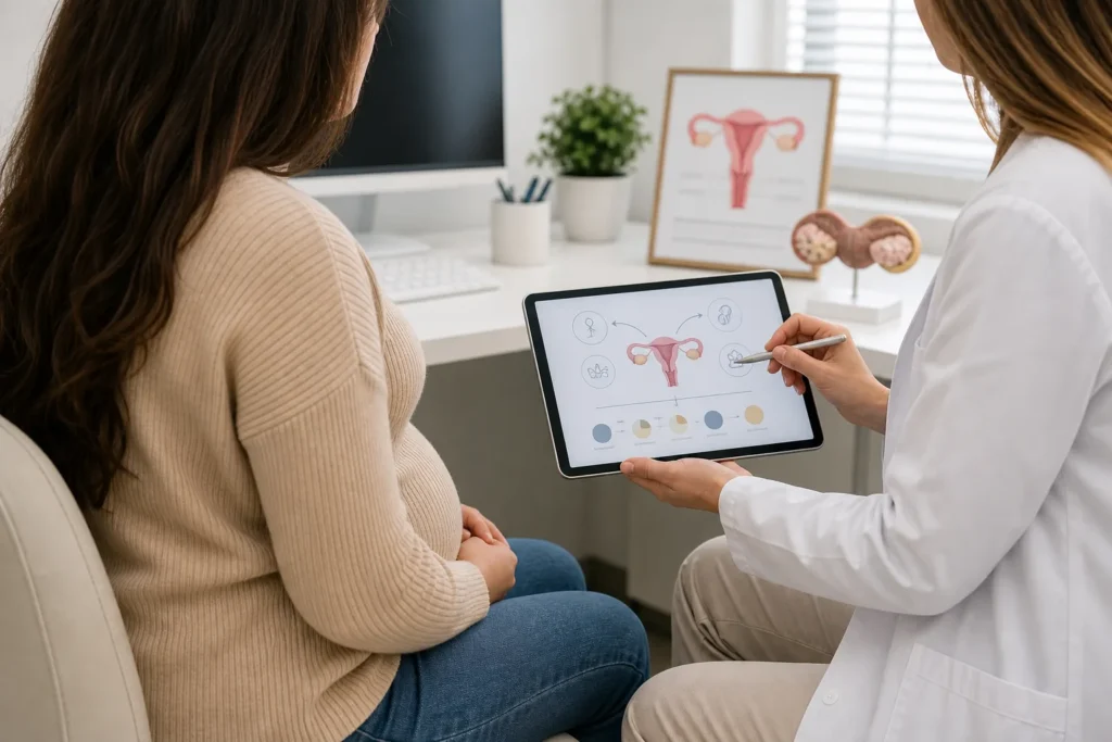 Ovários policísticos: consulta ginecológica sobre ciclo menstrual e sintomas, sem identificação de paciente