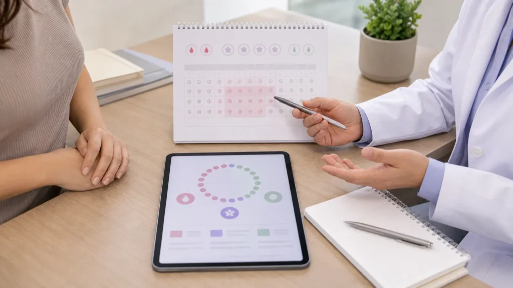 Periodo fertil em consulta ginecologica com calendario de ciclo menstrual sem identificar a paciente