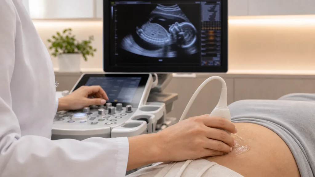Ultrassom obstétrico avaliando peso fetal estimado sem identificação de paciente