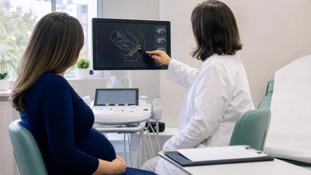 Consulta de medicina fetal com explicacao visual sobre colo uterino e acompanhamento na gravidez sem identificacao de paciente