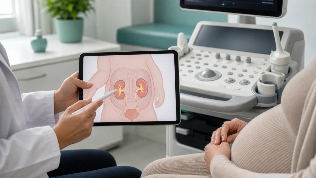 Consulta de medicina fetal com diagrama educativo de pieloectasia fetal sem dados identificaveis