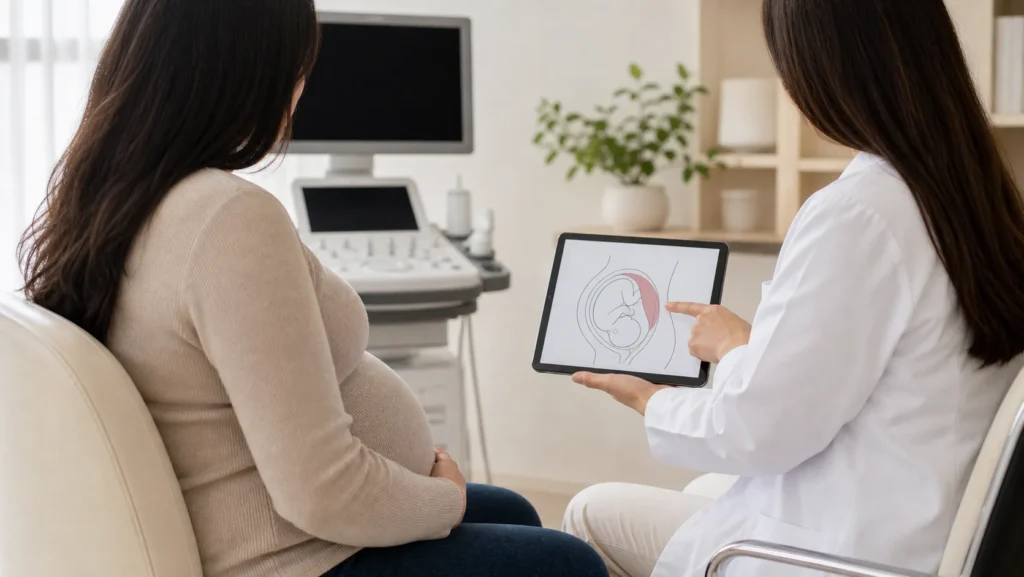 Consulta de pre-natal com diagrama educativo de placenta anterior sem dados identificaveis