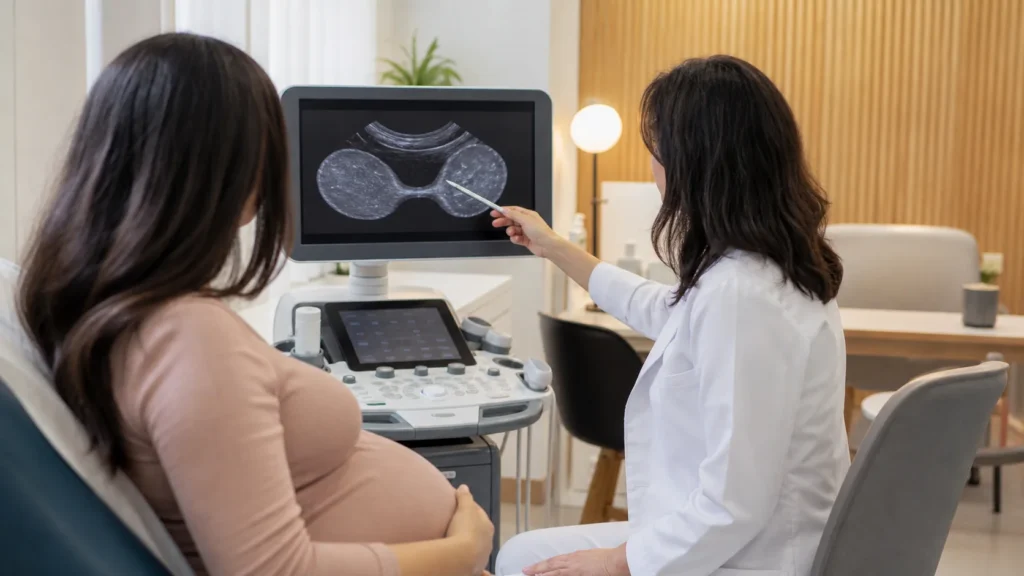 Consulta de medicina fetal avaliando placenta bilobada no ultrassom sem identificacao de paciente