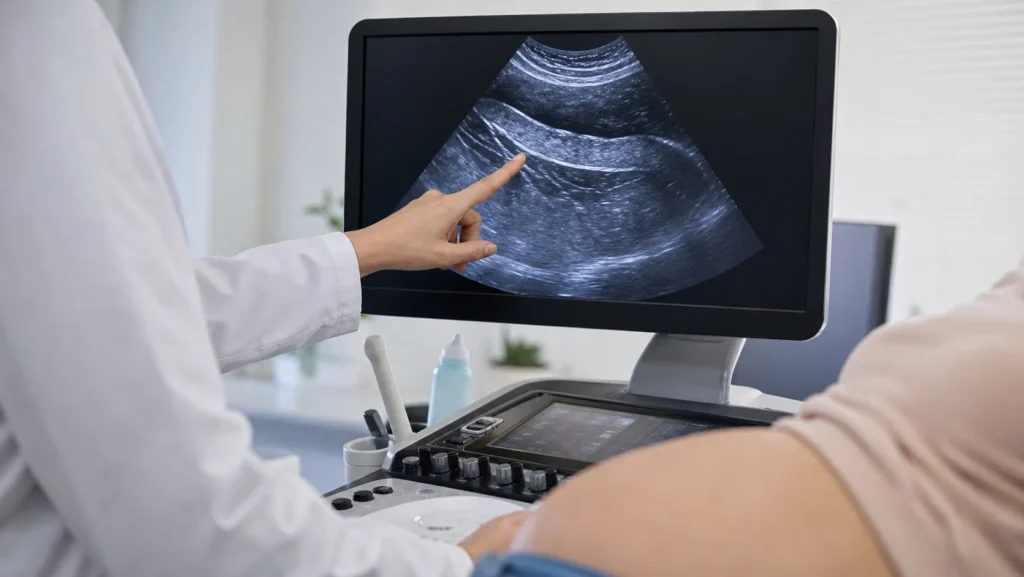 Consulta de medicina fetal avaliando placenta circunvalada no ultrassom sem identificacao de paciente