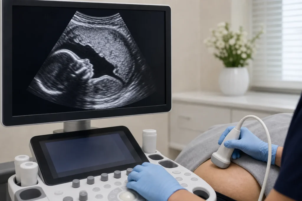 Ultrassom obstétrico avaliando placenta e bebê em consulta sem identificação de paciente
