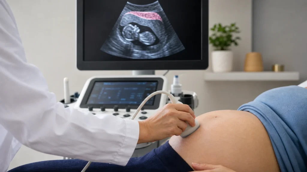 Ultrassom obstétrico com avaliação da posição da placenta fúndica sem identificação de paciente