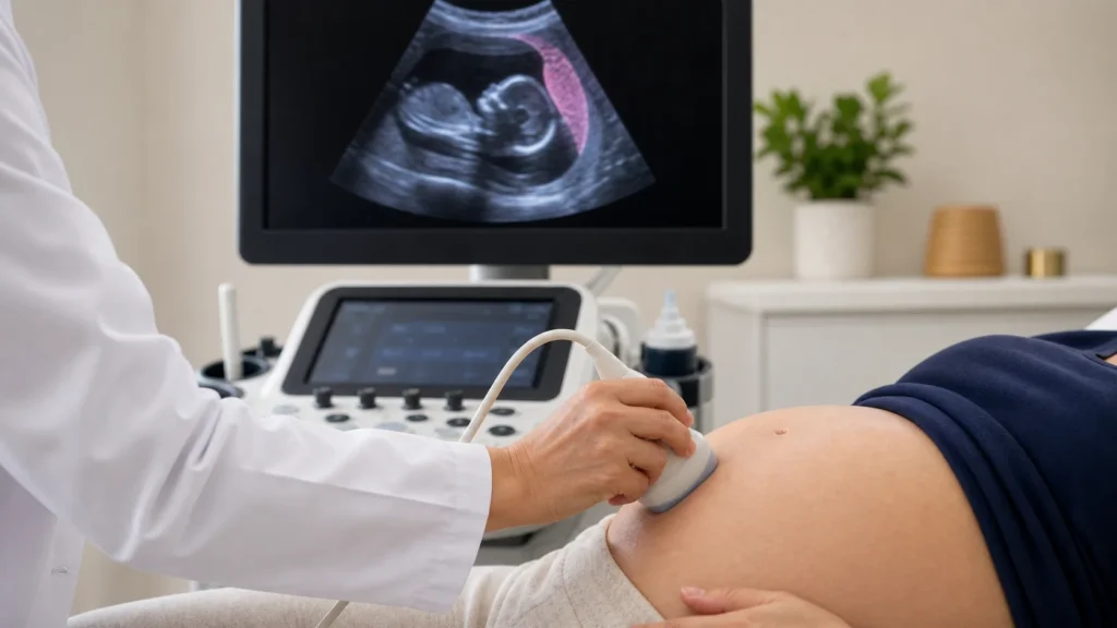 Ultrassom obstétrico com avaliação da posição da placenta lateral sem identificação de paciente