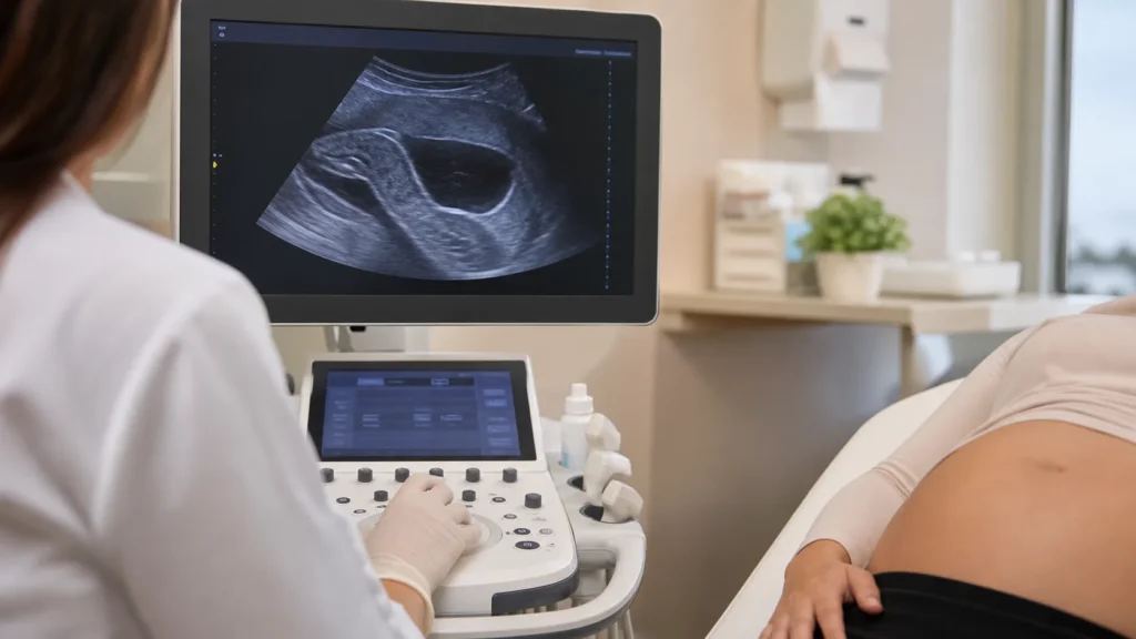 Ultrassom obstétrico avaliando posição marginal da placenta sem identificação de paciente