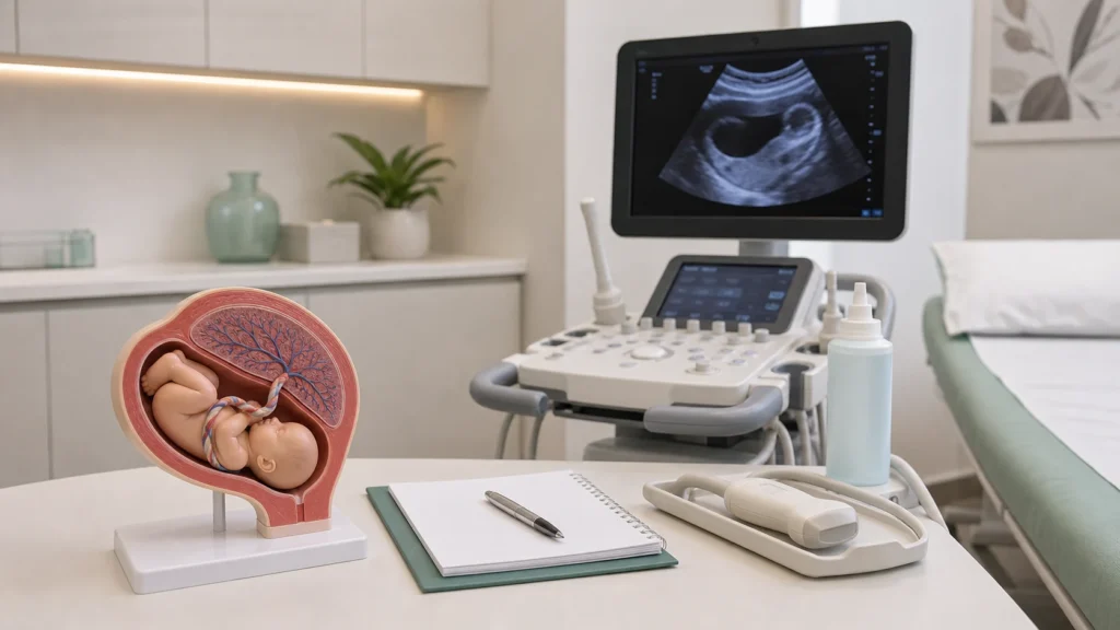 Placenta na gravidez: posição, maturidade e avaliação no pré-natal: imagem educativa realista sem identificação de paciente