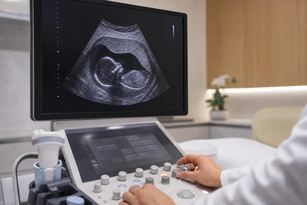Ultrassom obstétrico avaliando posição posterior da placenta sem identificação de paciente