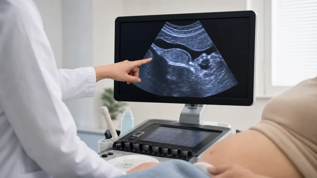 Consulta de medicina fetal avaliando placenta succenturiata no ultrassom sem identificacao de paciente