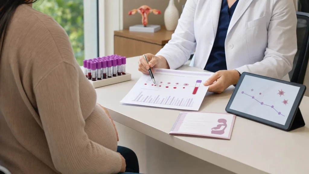 Consulta de pré-natal revisando plaquetas baixas na gravidez em exame de sangue sem identificação da paciente