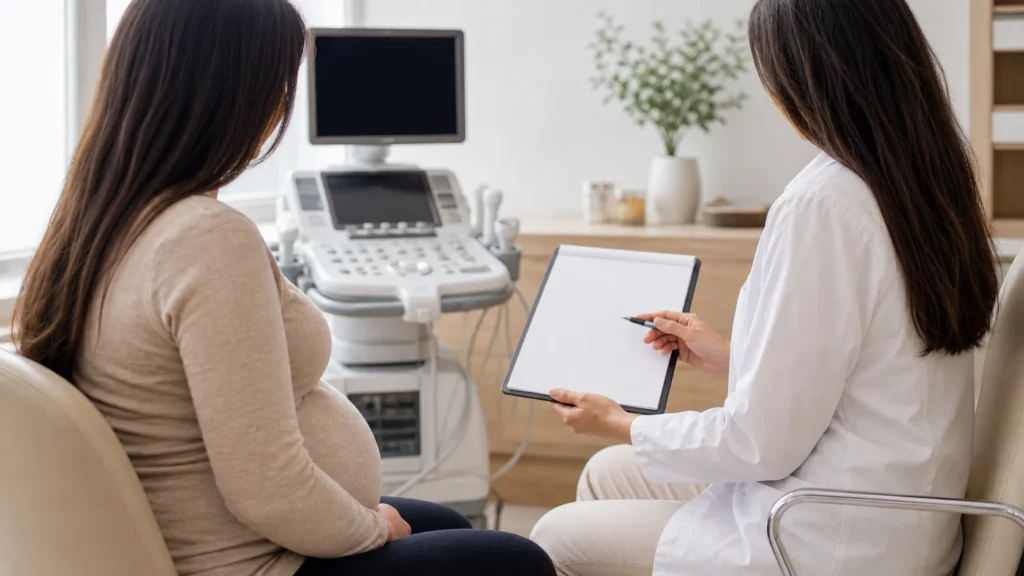 Gestante em consulta de ultrassom sobre liquido amniotico aumentado sem identificacao