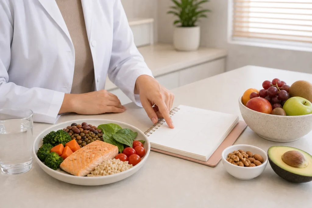 Orientação clínica sobre alimentação na gravidez, sem identificação de paciente