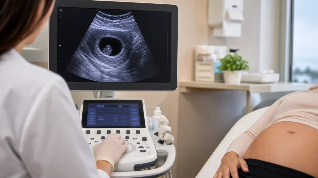 Ultrassom inicial da gravidez avaliando saco gestacional sem identificação de paciente