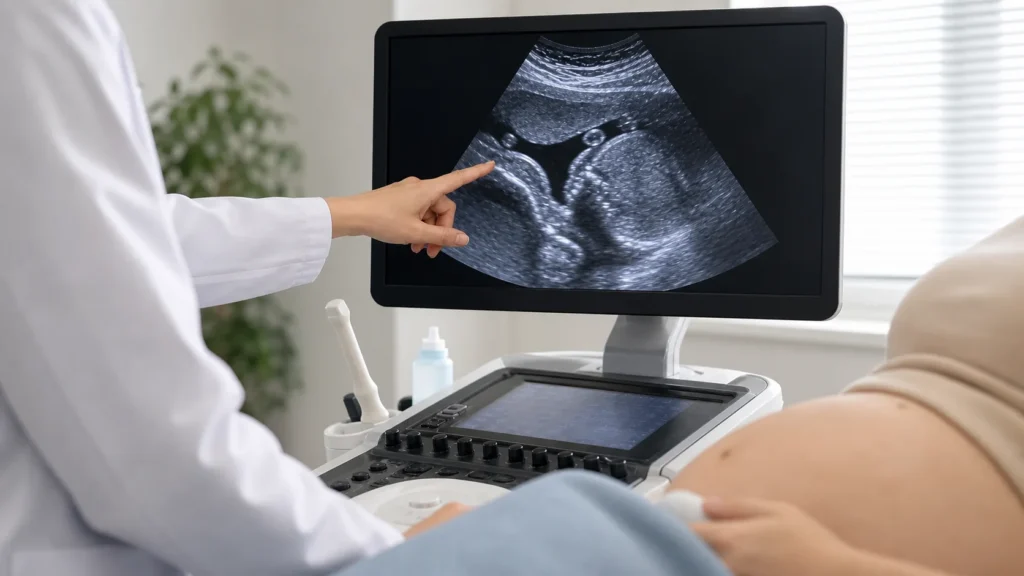Consulta de medicina fetal avaliando cordao umbilical no ultrassom sem identificacao de paciente
