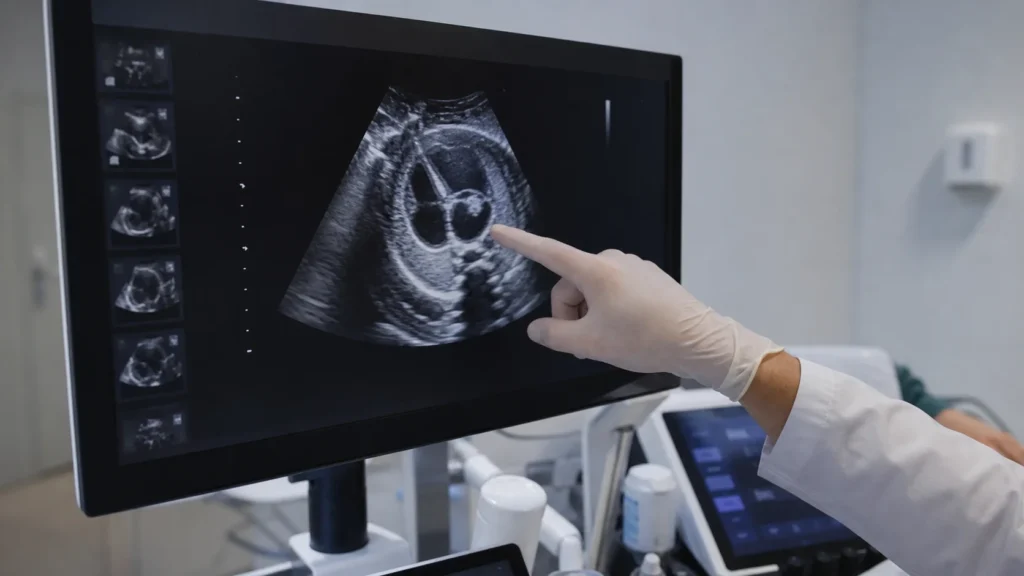 Ultrassom fetal com avaliação cardíaca em artigo sobre rabdomioma fetal sem identificação de paciente