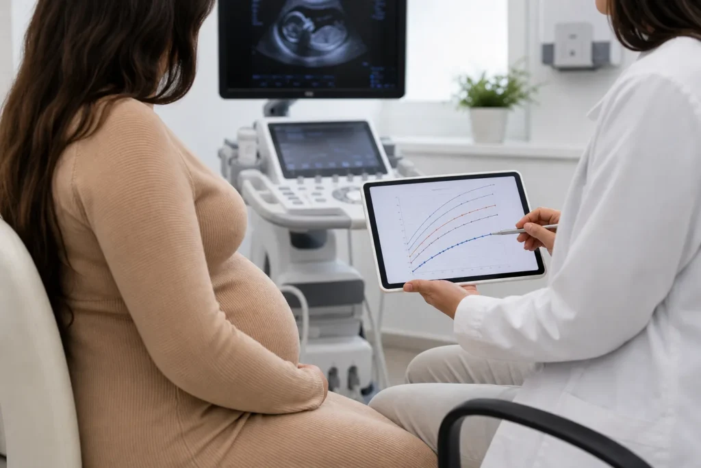 Restrição de crescimento fetal: consulta de medicina fetal com gráfico de crescimento genérico, sem identificação de paciente