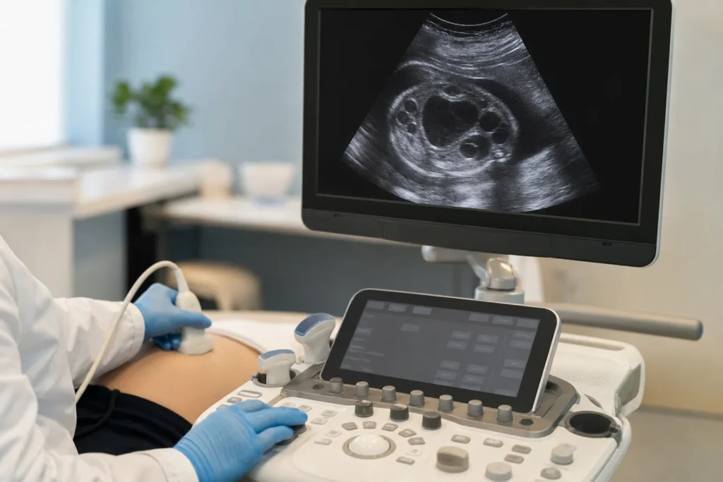 Ultrassom fetal avaliando rins do bebe sem identificacao de paciente