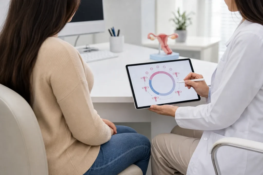 Sangramento fora do período menstrual: orientação ginecológica sobre ciclo, sem identificação de paciente