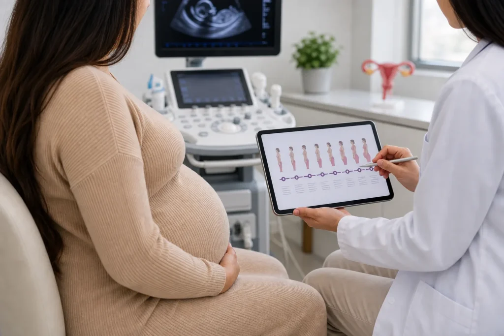 Semana gestacional: consulta de pré-natal com linha do tempo da gravidez, sem identificação de paciente