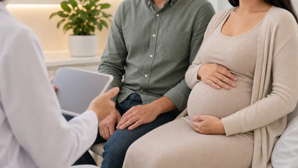 Gestante e acompanhante em consulta de pre-natal sem identificacao de paciente
