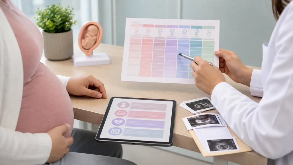 Consulta de pre-natal explicando calendario da gravidez e metodos confiaveis de avaliacao sem identificar a paciente