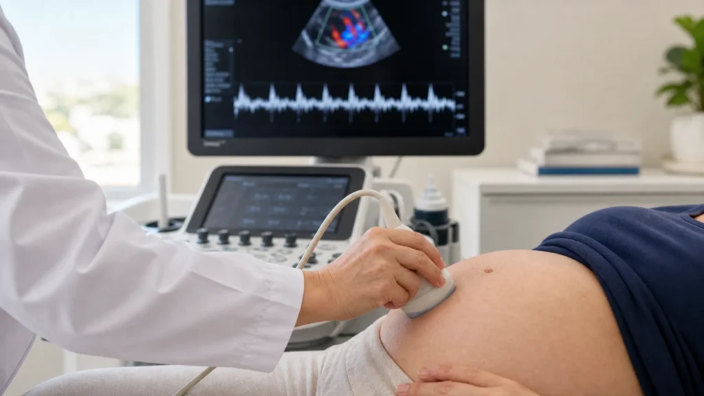 Ultrassom obstétrico com avaliação do ritmo cardíaco fetal em artigo sobre taquicardia fetal sem identificação de paciente